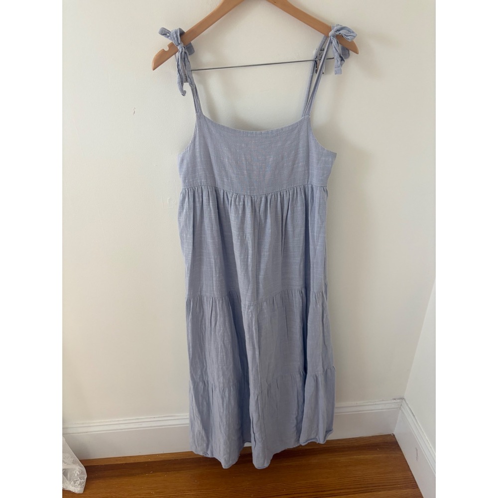 Zara Light Blue 100% Cotton Tiered Maxi Dress Tie Straps Smocked Back Size M